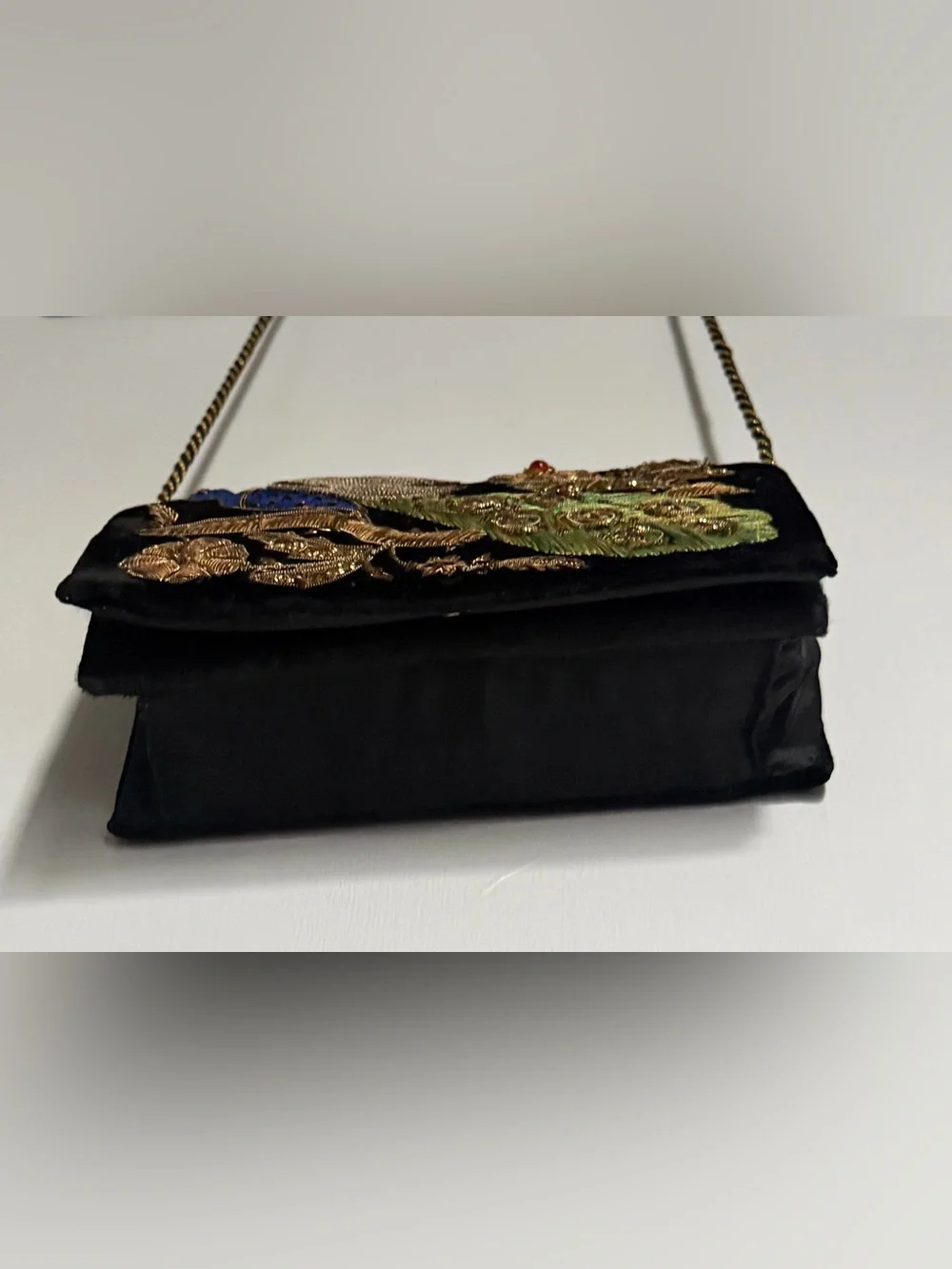 Peacock vintage Embroidered Black Velvet Evening Clutch